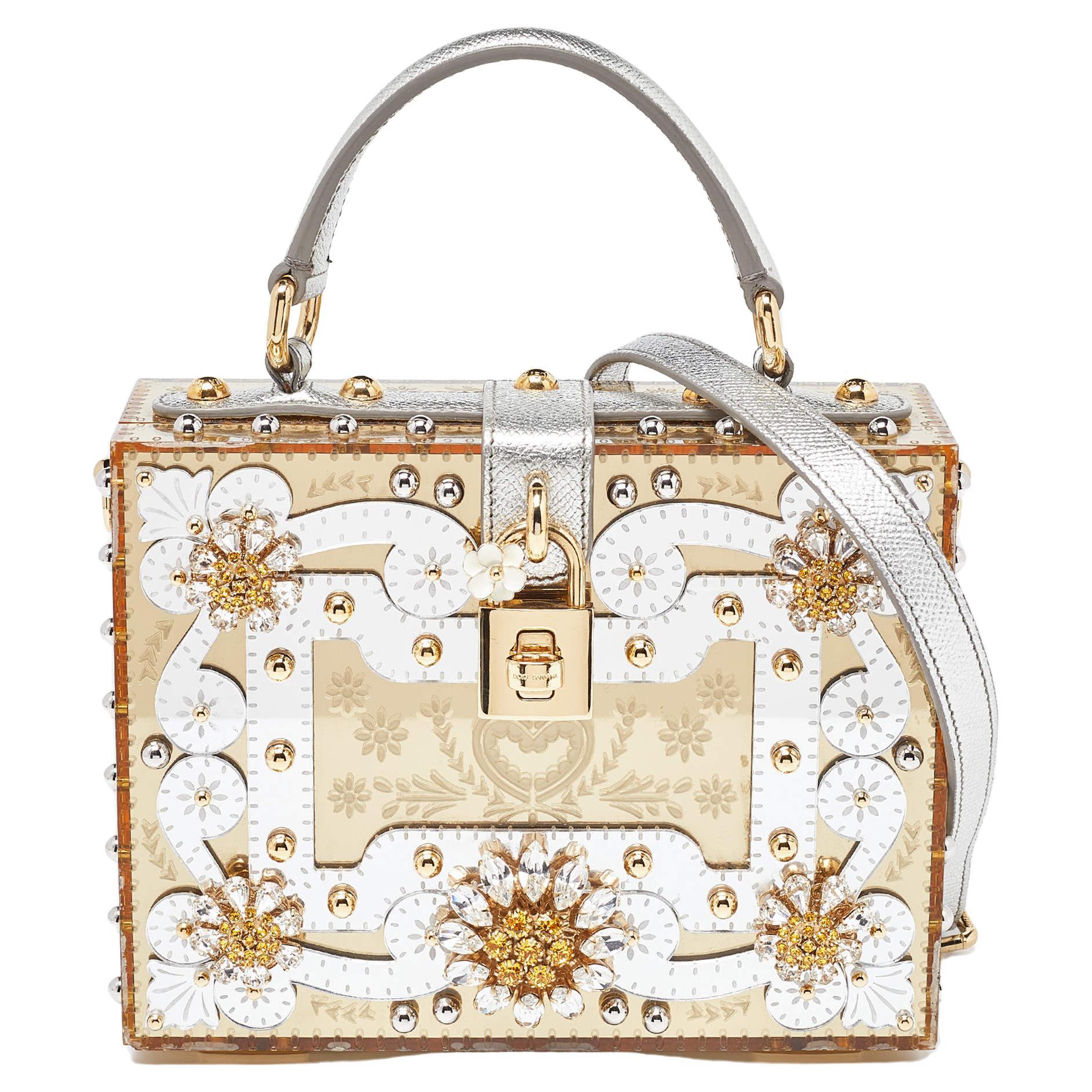 Dolce & Gabbana Gold Acrylic and Leather Crystal Embellished Dolce Box Bag For Sale