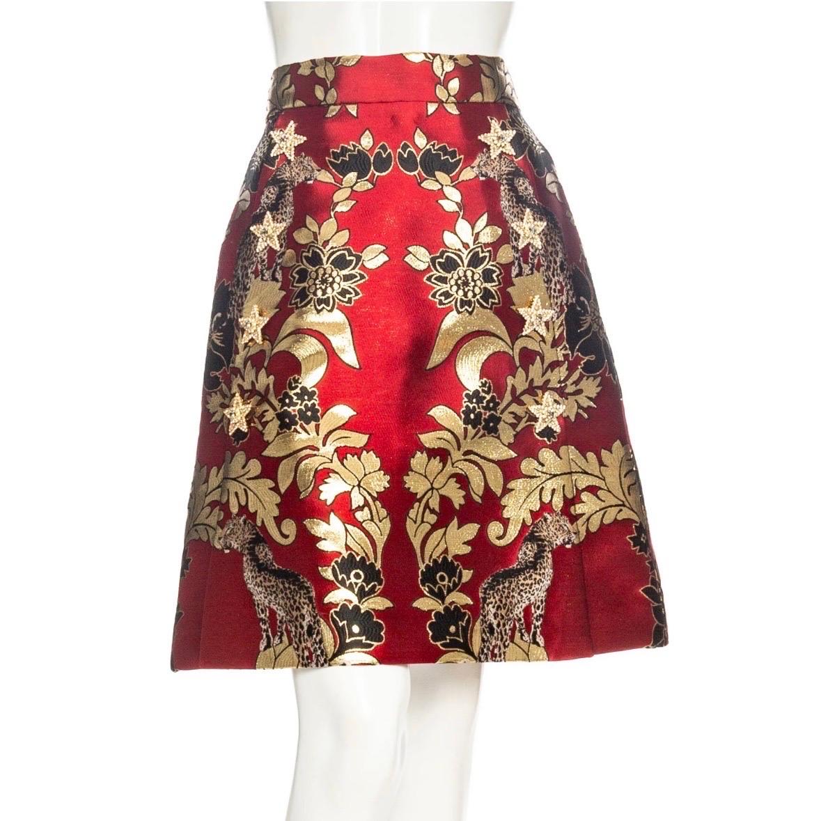 Dolce & Gabbana Gold and Red Leopard Motif Jacquard Jacket and Skirt Set For Sale 6