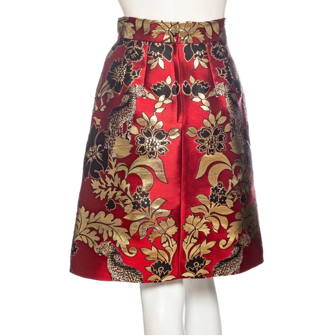 Dolce & Gabbana Gold and Red Leopard Motif Jacquard Jacket and Skirt Set For Sale 8