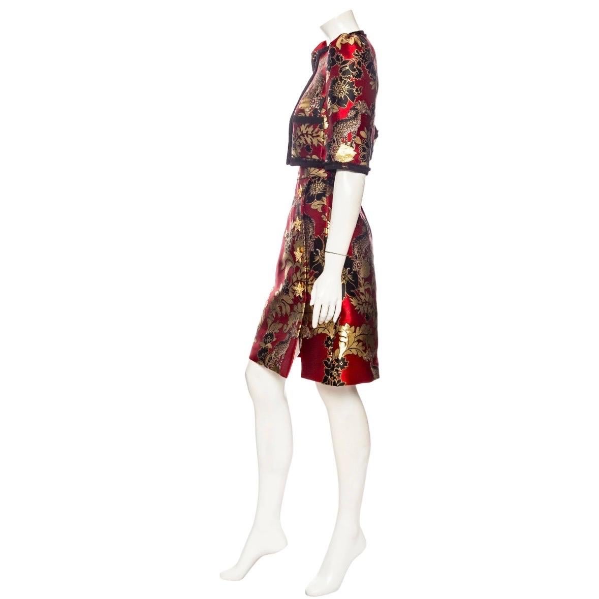 Dolce & Gabbana Gold and Red Leopard Motif Jacquard Jacket and Skirt Set In Excellent Condition For Sale In Los Angeles, CA