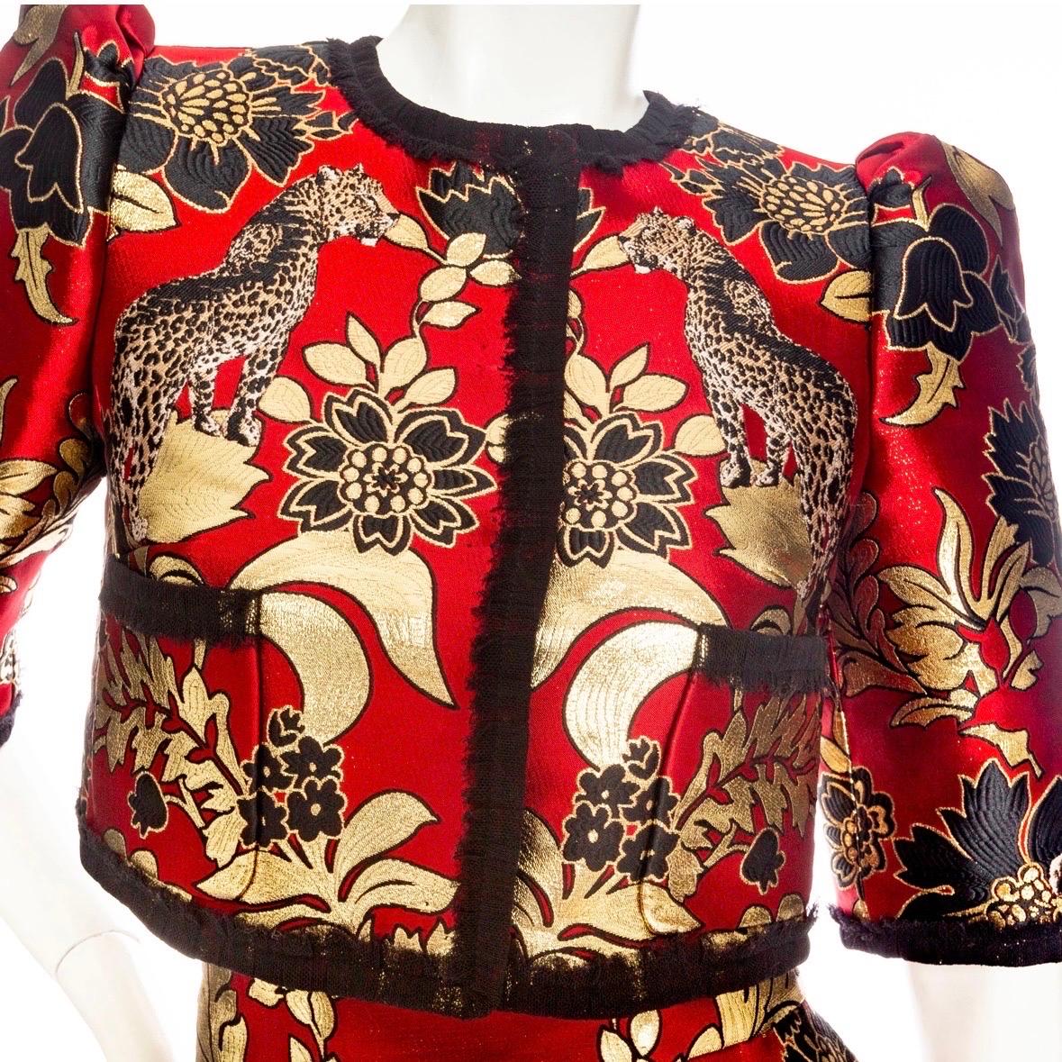 Dolce & Gabbana Gold and Red Leopard Motif Jacquard Jacket and Skirt Set For Sale 1