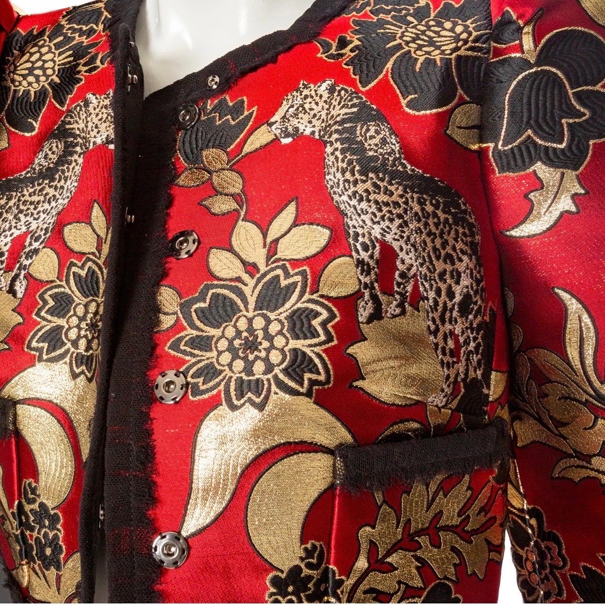 Dolce & Gabbana Gold and Red Leopard Motif Jacquard Jacket and Skirt Set For Sale 2