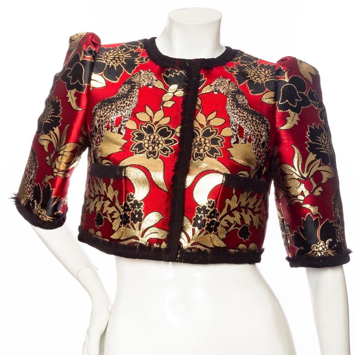 Dolce & Gabbana Gold and Red Leopard Motif Jacquard Jacket and Skirt Set For Sale 3