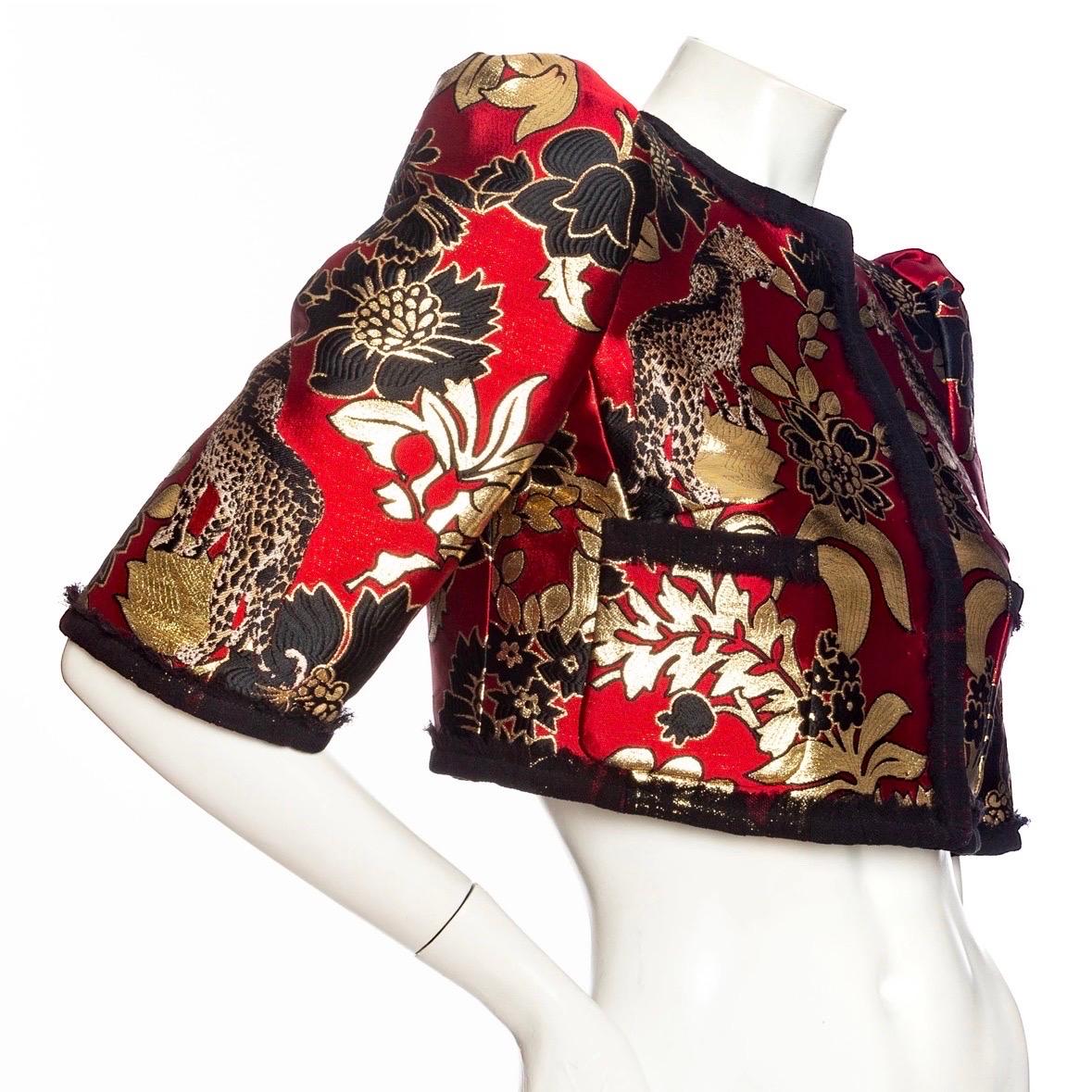 Dolce & Gabbana Gold and Red Leopard Motif Jacquard Jacket and Skirt Set For Sale 4