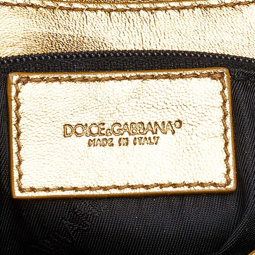 Brown Dolce & Gabbana Gold/Beige Leather And Fabric Flap Shoulder Bag