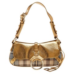 Dolce & Gabbana Gold/Beige Leather And Fabric Flap Shoulder Bag