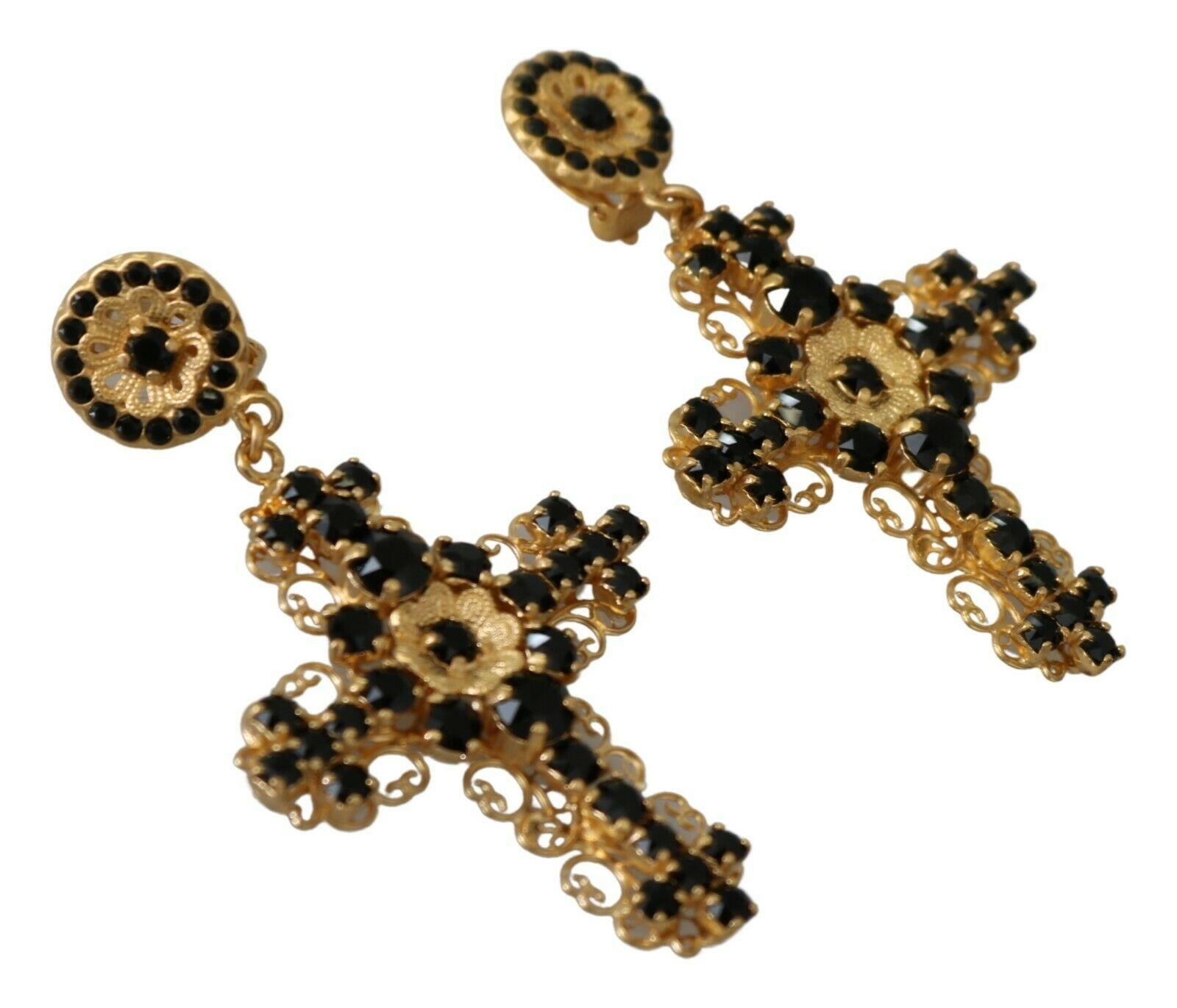 Modern Dolce & Gabbana Gold Black Brass Crystal Cross Clip-on Drop Earrings Flower