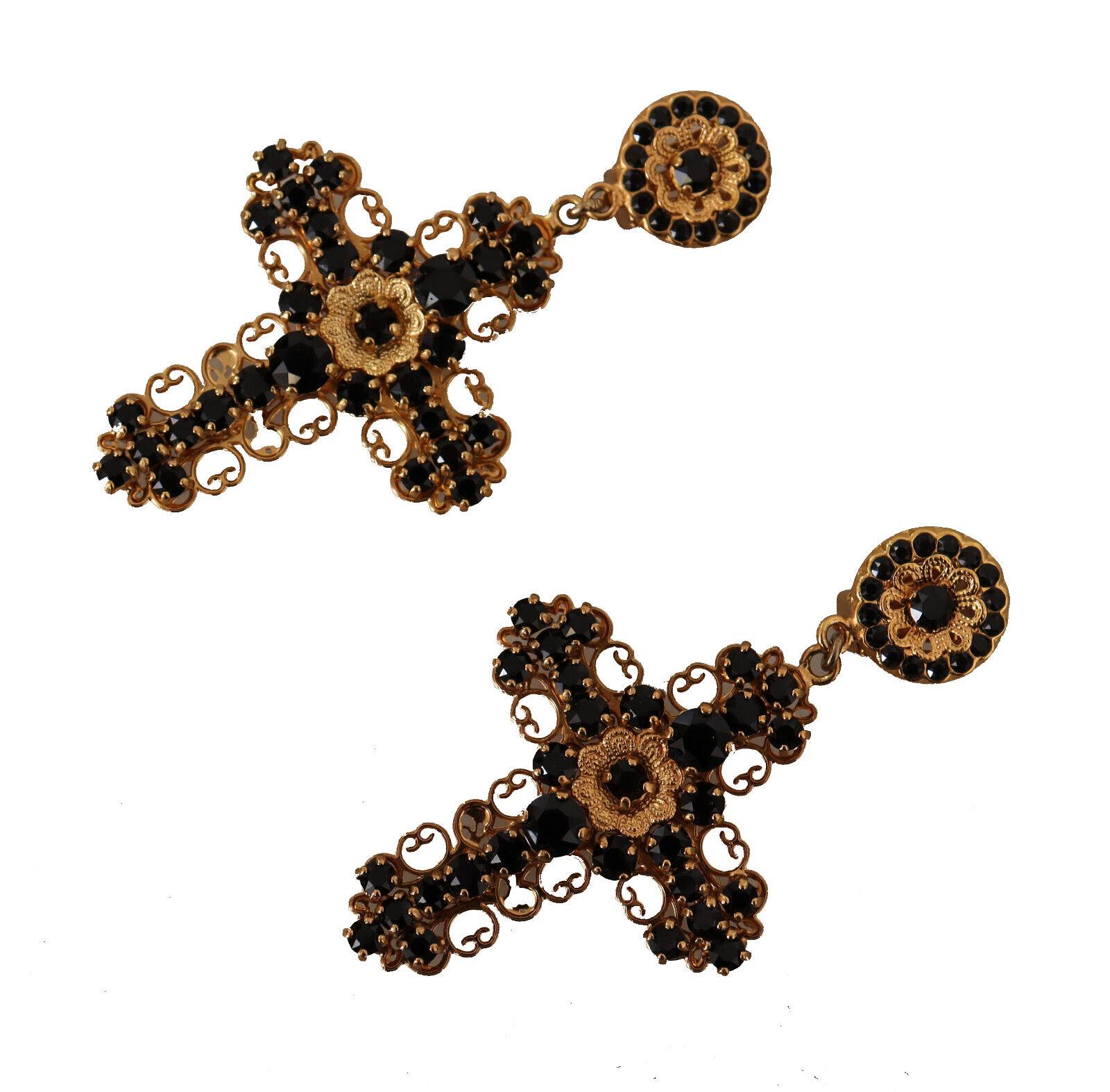 Dolce & Gabbana Gold Black Brass Crystal Cross Clip-on Drop Earrings Flower In New Condition In WELWYN, GB