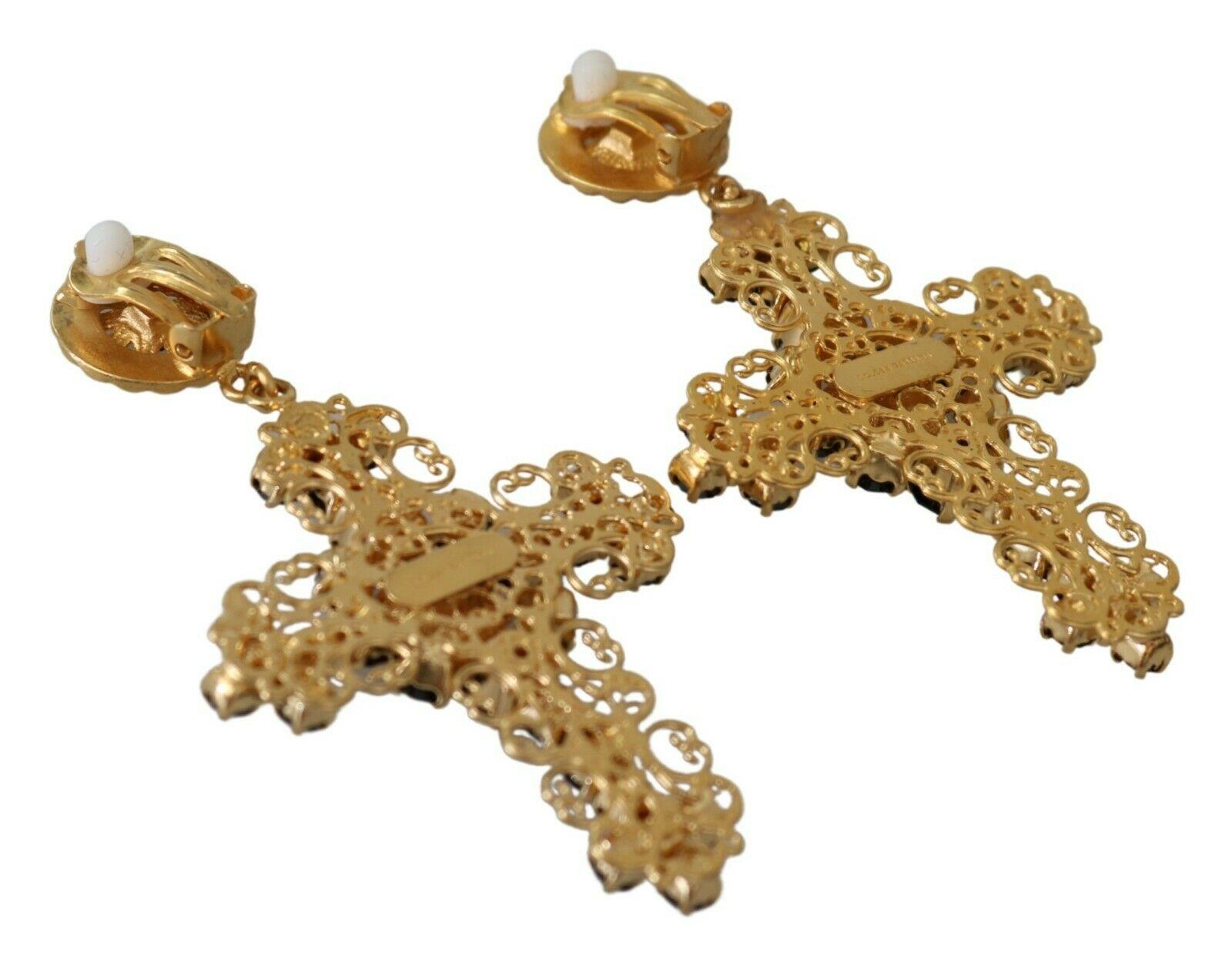 Dolce & Gabbana Gold Black Brass Crystal Cross Clip-on Drop Earrings Flower In New Condition In WELWYN, GB