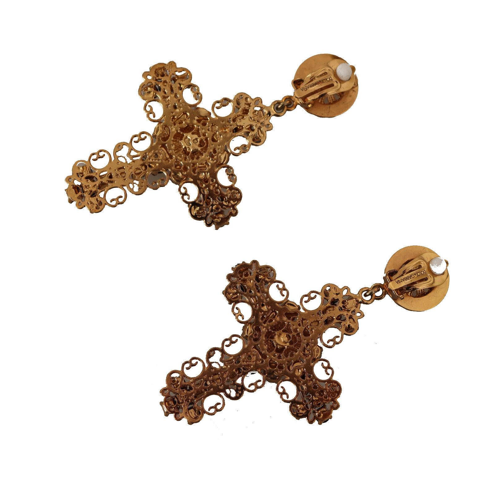 Women's Dolce & Gabbana Gold Black Brass Crystal Cross Clip-on Drop Earrings Flower