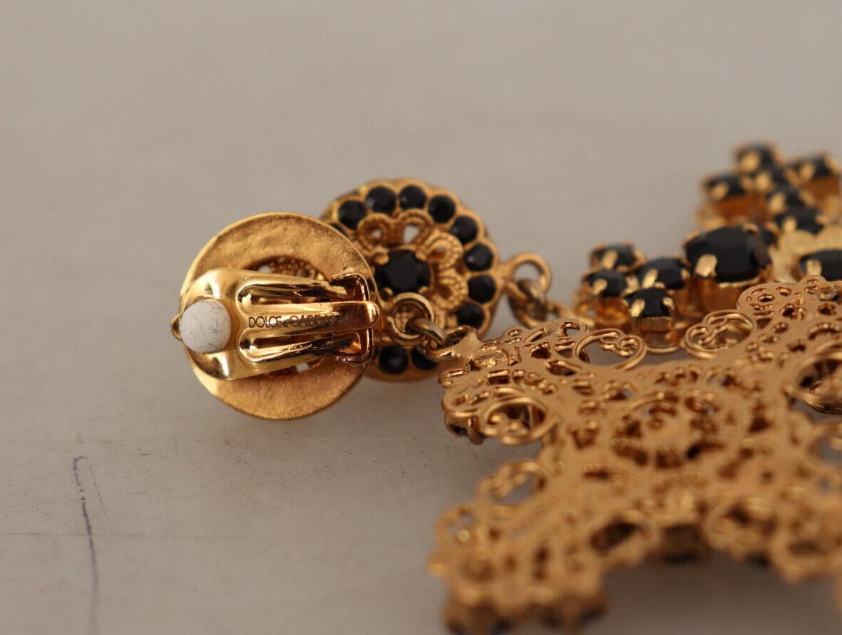 Dolce & Gabbana Gold Black Brass Crystal Cross Clip-on Drop Earrings Flower 1