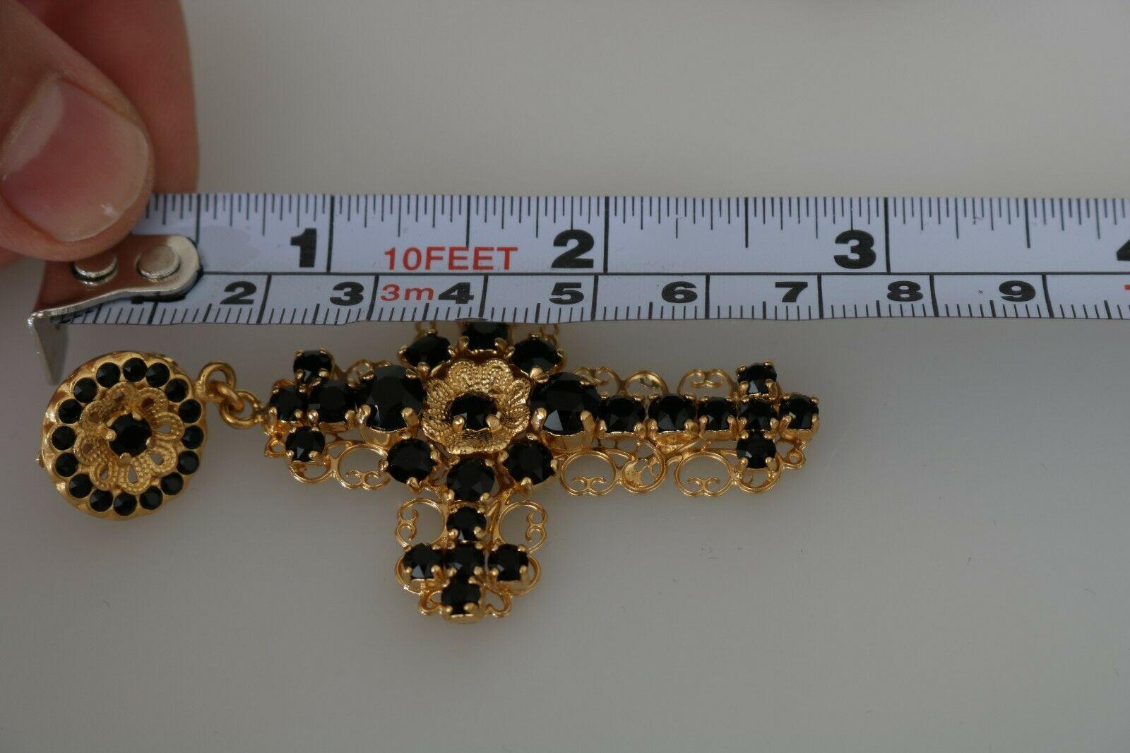 Dolce & Gabbana Gold Black Brass Crystal Cross Clip-on Drop Earrings Flower 1