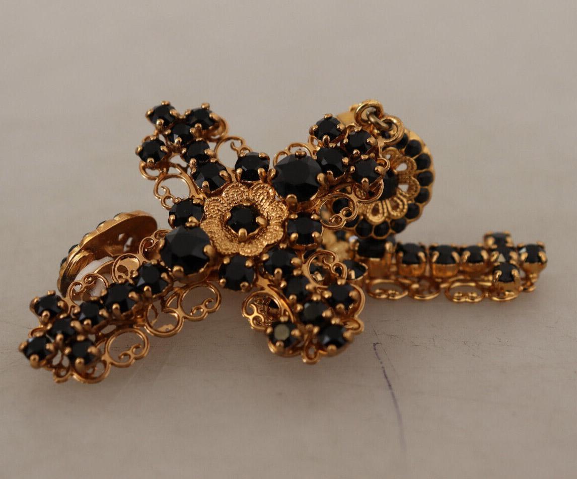 Dolce & Gabbana Gold Black Brass Crystal Cross Clip-on Drop Earrings Flower 2