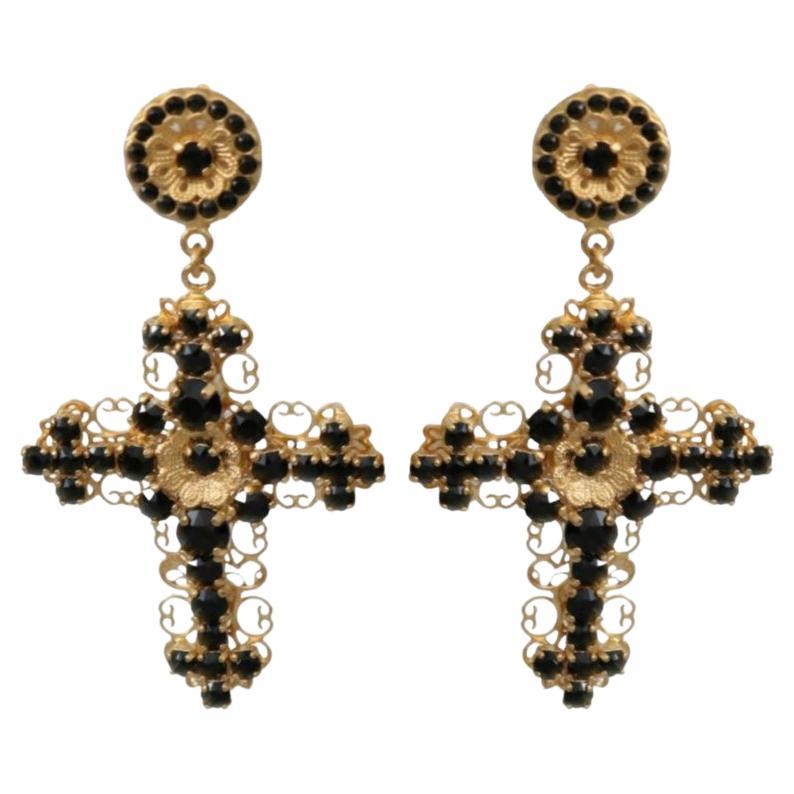 Dolce & Gabbana Gold Black Brass Crystal Cross Clip-on Drop Earrings Flower