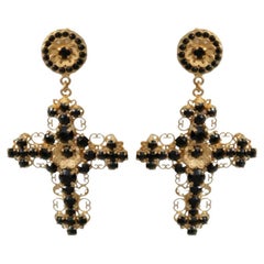 Dolce & Gabbana Gold Black Brass Crystal Cross Clip-on Drop Earrings Flower