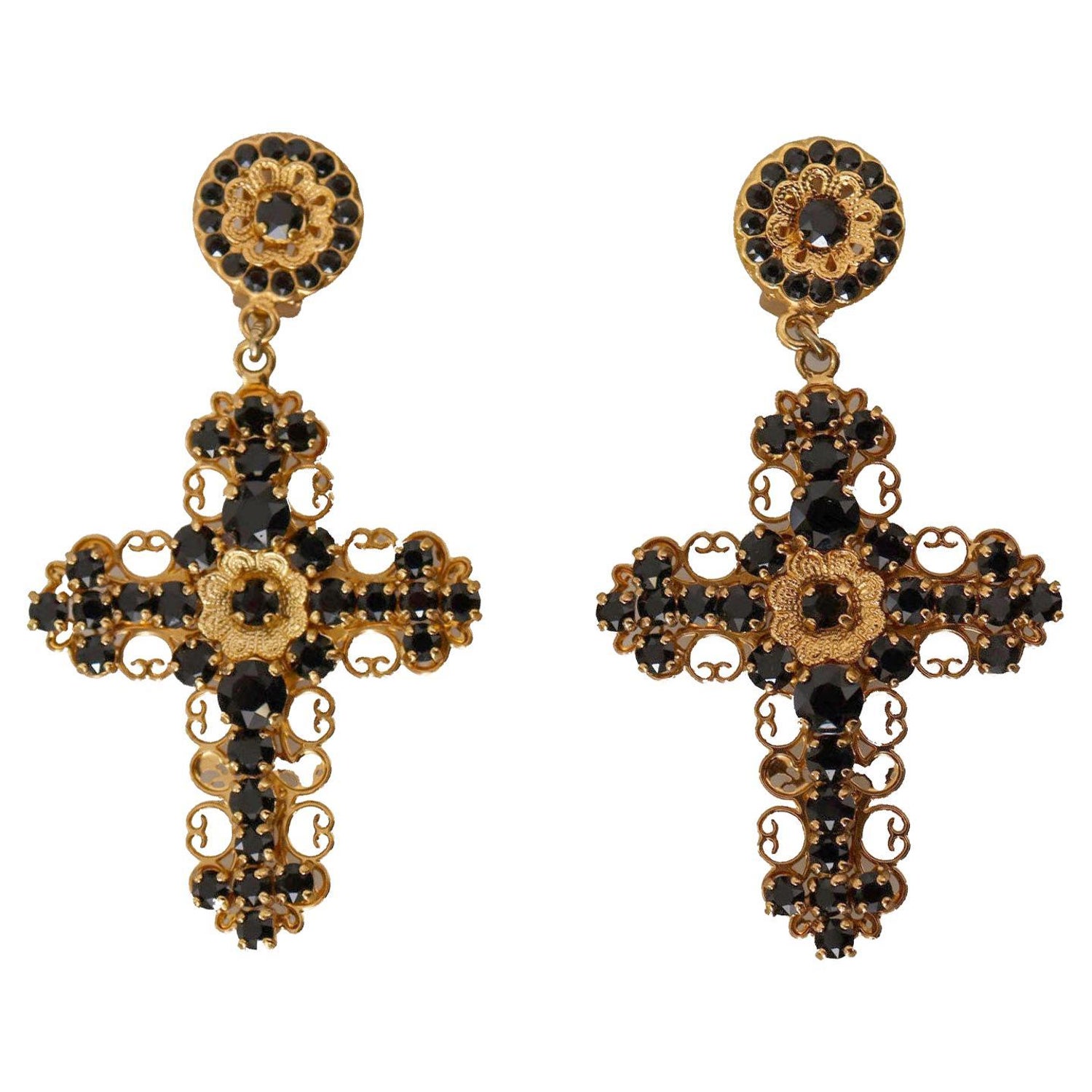 Dolce and Gabbana Gold Black Brass Crystal Cross Clip-on Drop Earrings  Flower at 1stDibs