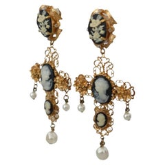 Dolce & Gabbana Gold Black Brass Crystal Flower Cross Clip-on Dangle Earrings