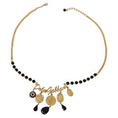 Dolce & Gabbana Gold Black Brass Crystal Logo Statement Necklace Medallion