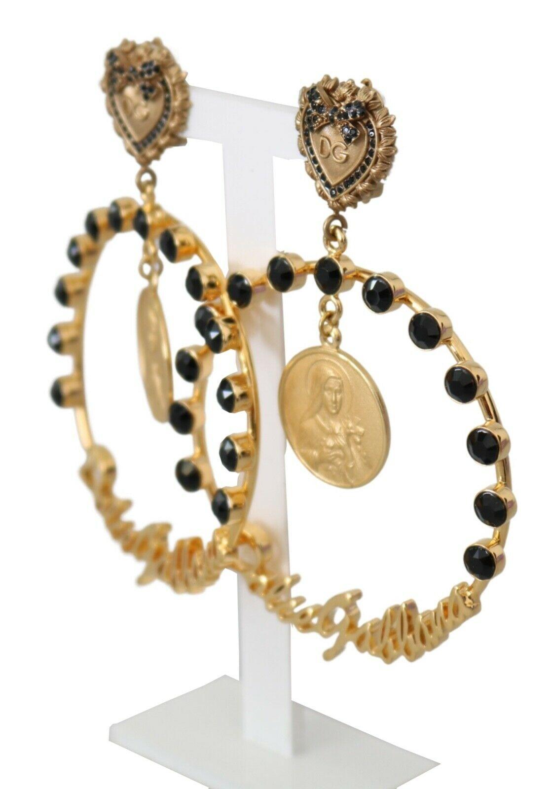 Modern Dolce & Gabbana Gold Black Brass Hanging Clip-on Drop Earrings Heart D&G Logo