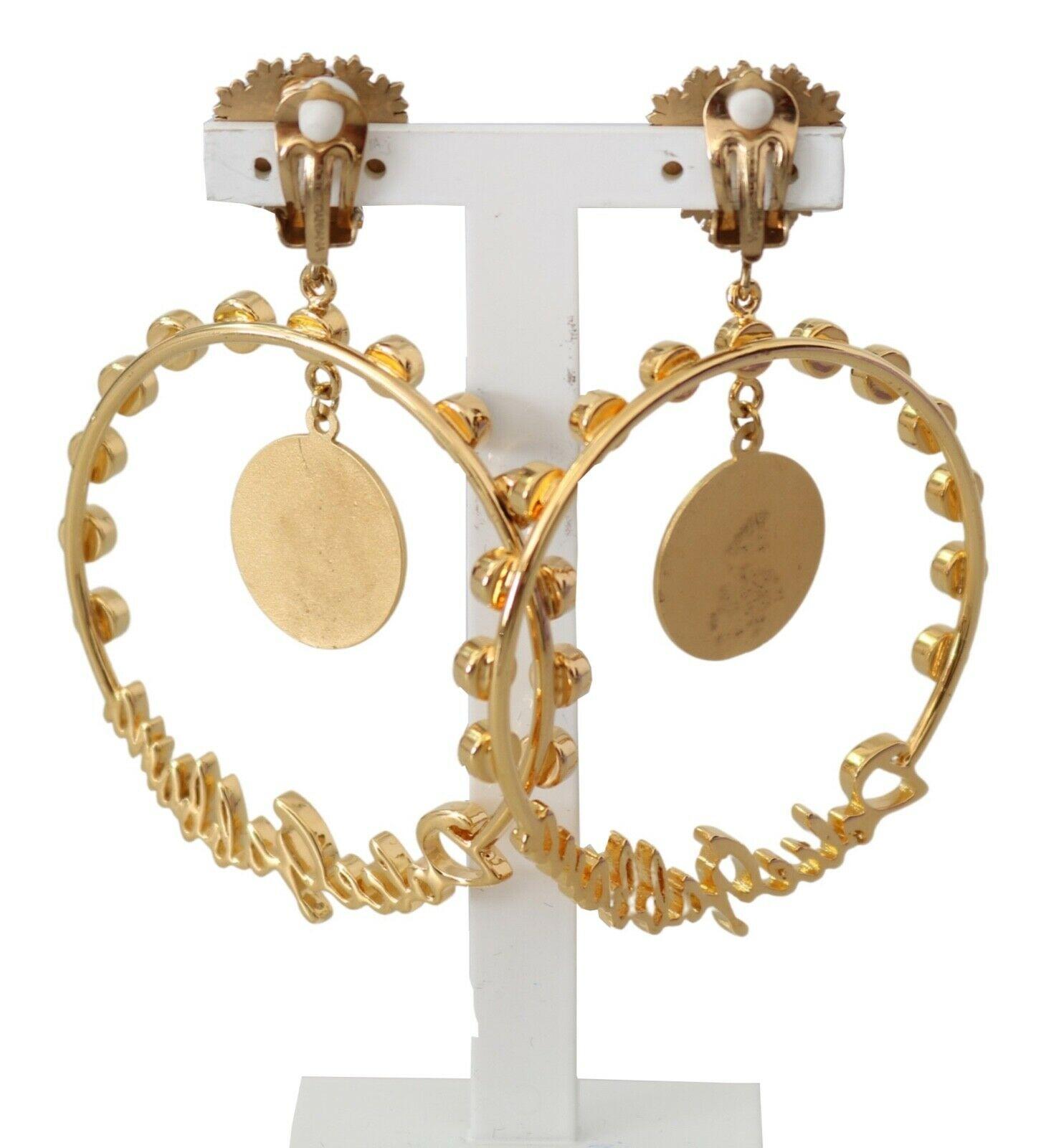 Dolce & Gabbana Gold Black Brass Hanging Clip-on Drop Earrings Heart D&G Logo In New Condition In WELWYN, GB
