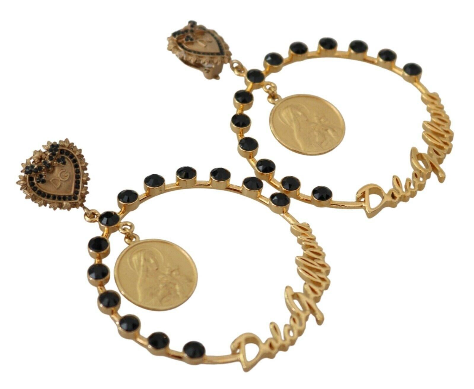 Women's Dolce & Gabbana Gold Black Brass Hanging Clip-on Drop Earrings Heart D&G Logo