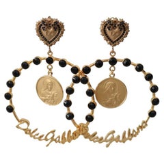 Dolce & Gabbana Gold Black Brass Hanging Clip-on Drop Earrings Heart D&G Logo
