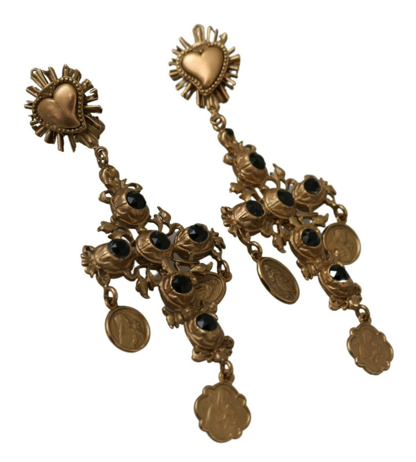 Modern Dolce & Gabbana Gold Black Crystal Metal Cross Sacred Heart Clip-on Earrings