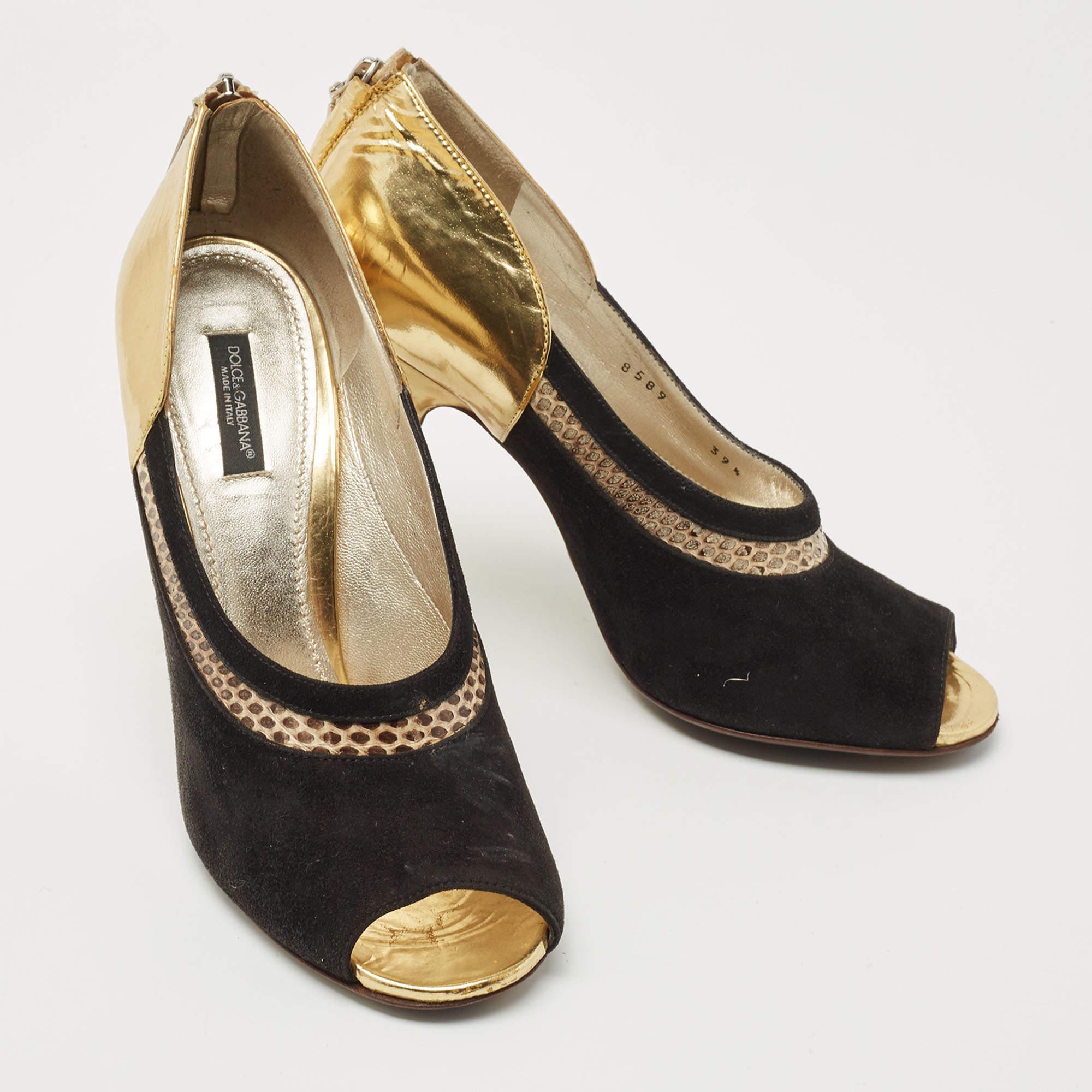 Women's Dolce & Gabbana Gold/Black Leather and  Suede Peep Toe Pump Size 39.5 For Sale