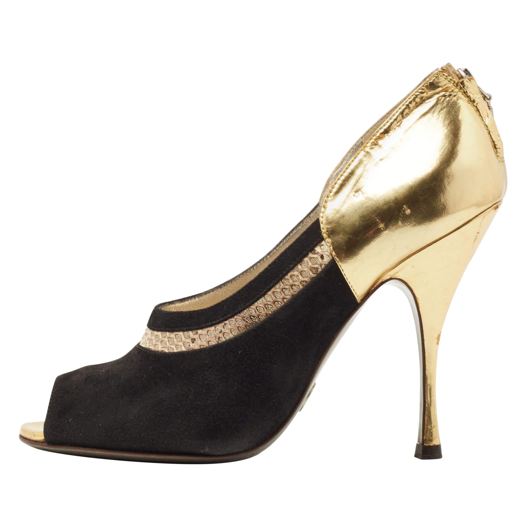 Dolce 
Gabbana Gold/Black Leather and  Suede Peep Toe Pump Size 39.5