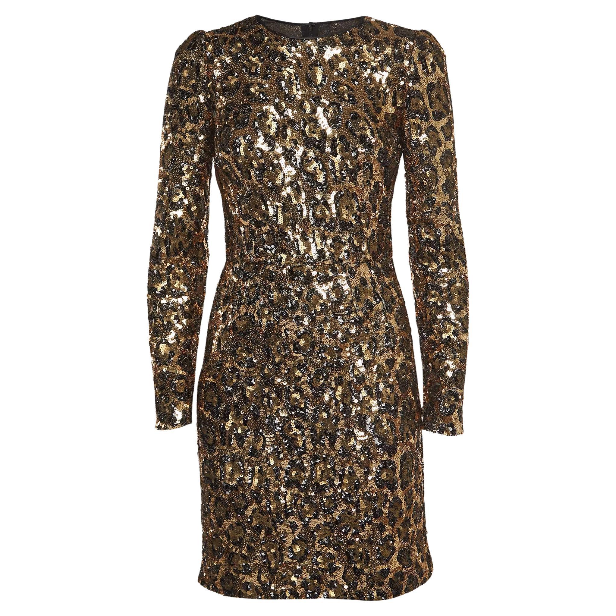 Dolce & Gabbana Gold/Black Leopard Sequined Mini Dress S For Sale