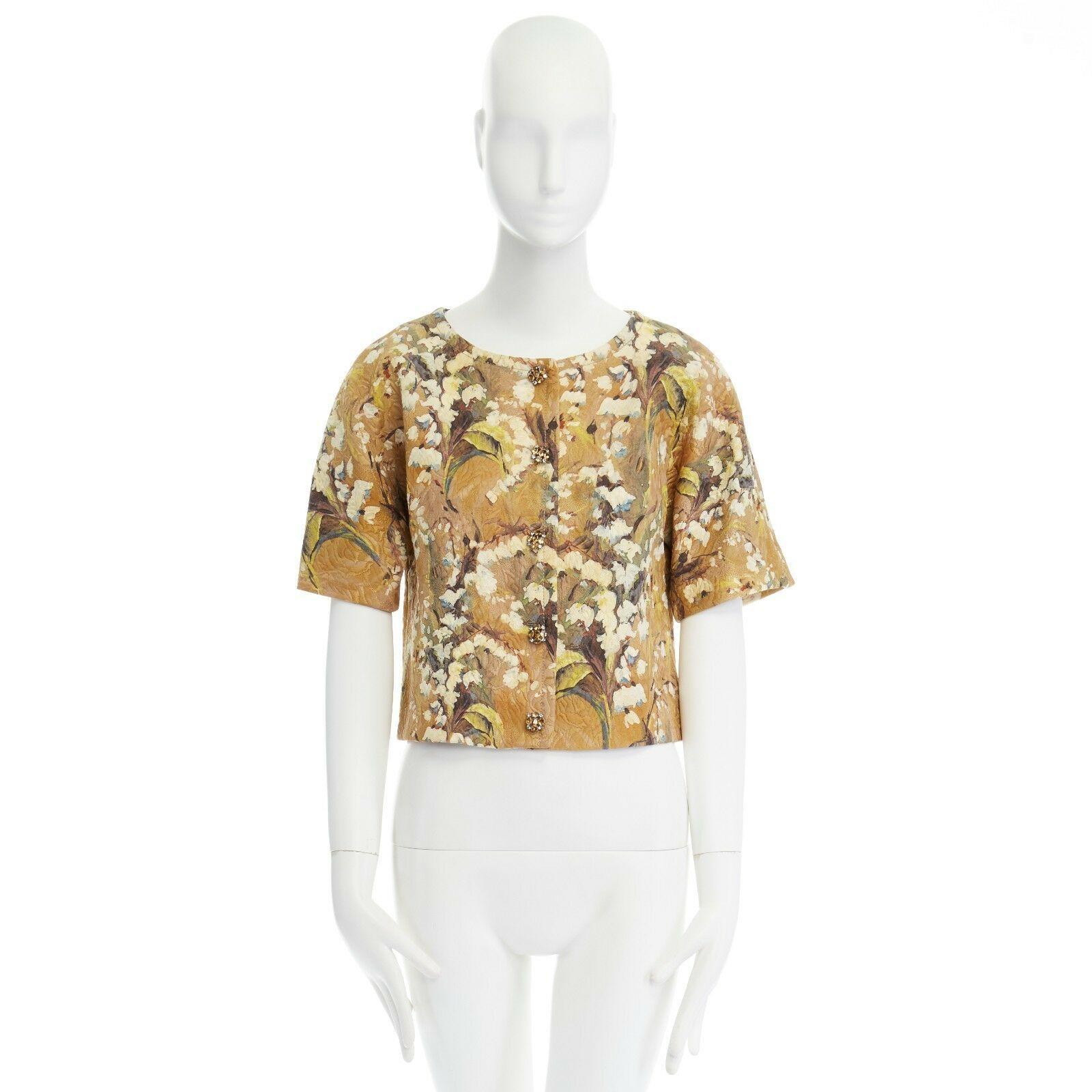 Brown DOLCE GABBANA gold blossom floral brocade cystal button cropped jacket IT40 S
