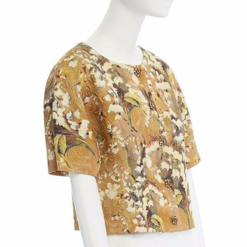 DOLCE GABBANA gold blossom floral brocade cystal button cropped jacket IT40 S In Excellent Condition In Hong Kong, NT