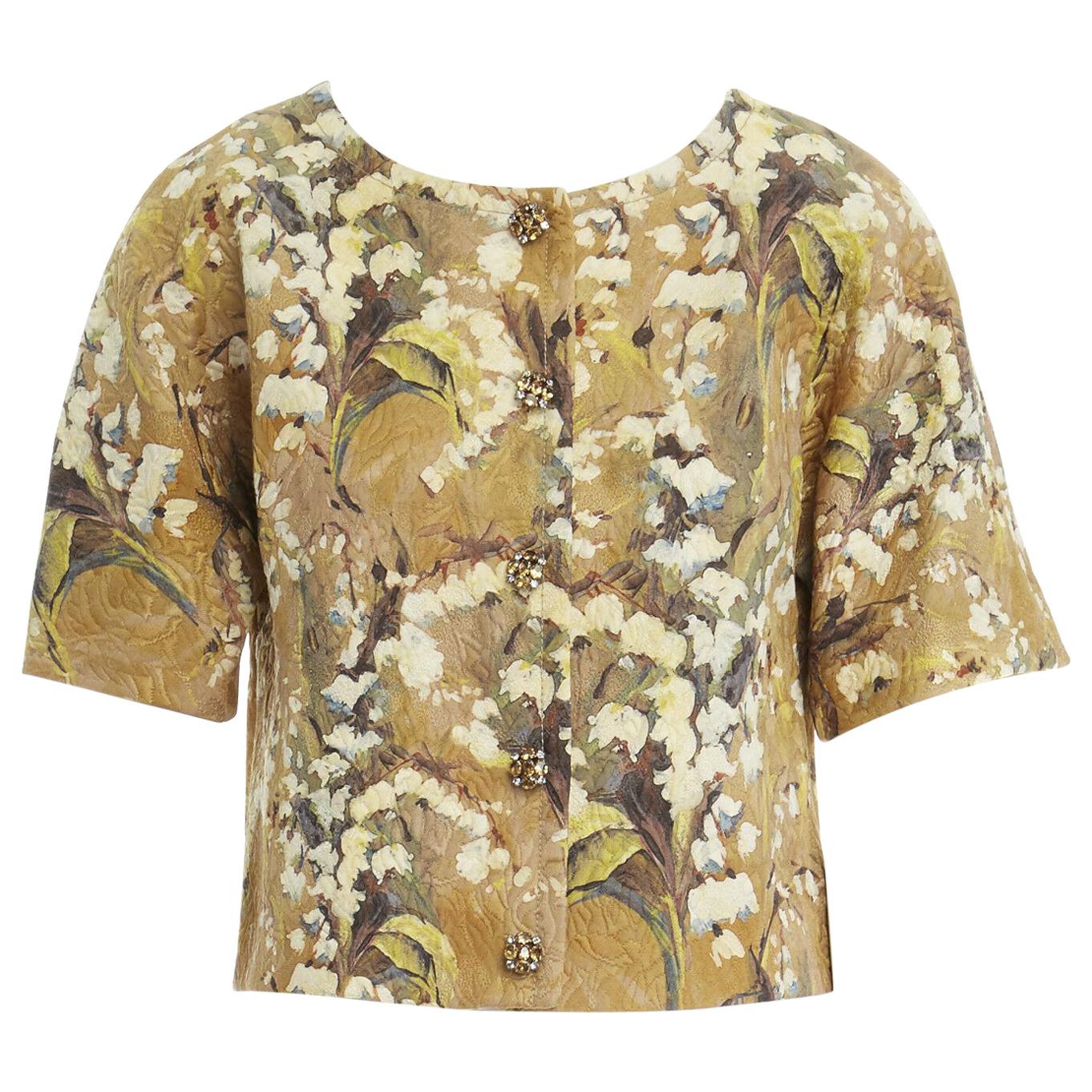 DOLCE GABBANA gold blossom floral brocade cystal button cropped jacket ...