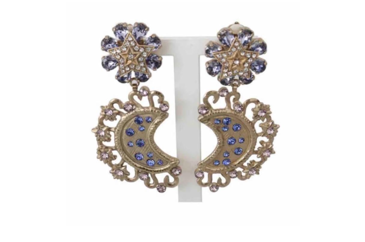 Modern Dolce & Gabbana Gold Blue Crystal Brass Moon Star Clip-on Pendant Drop Earrings