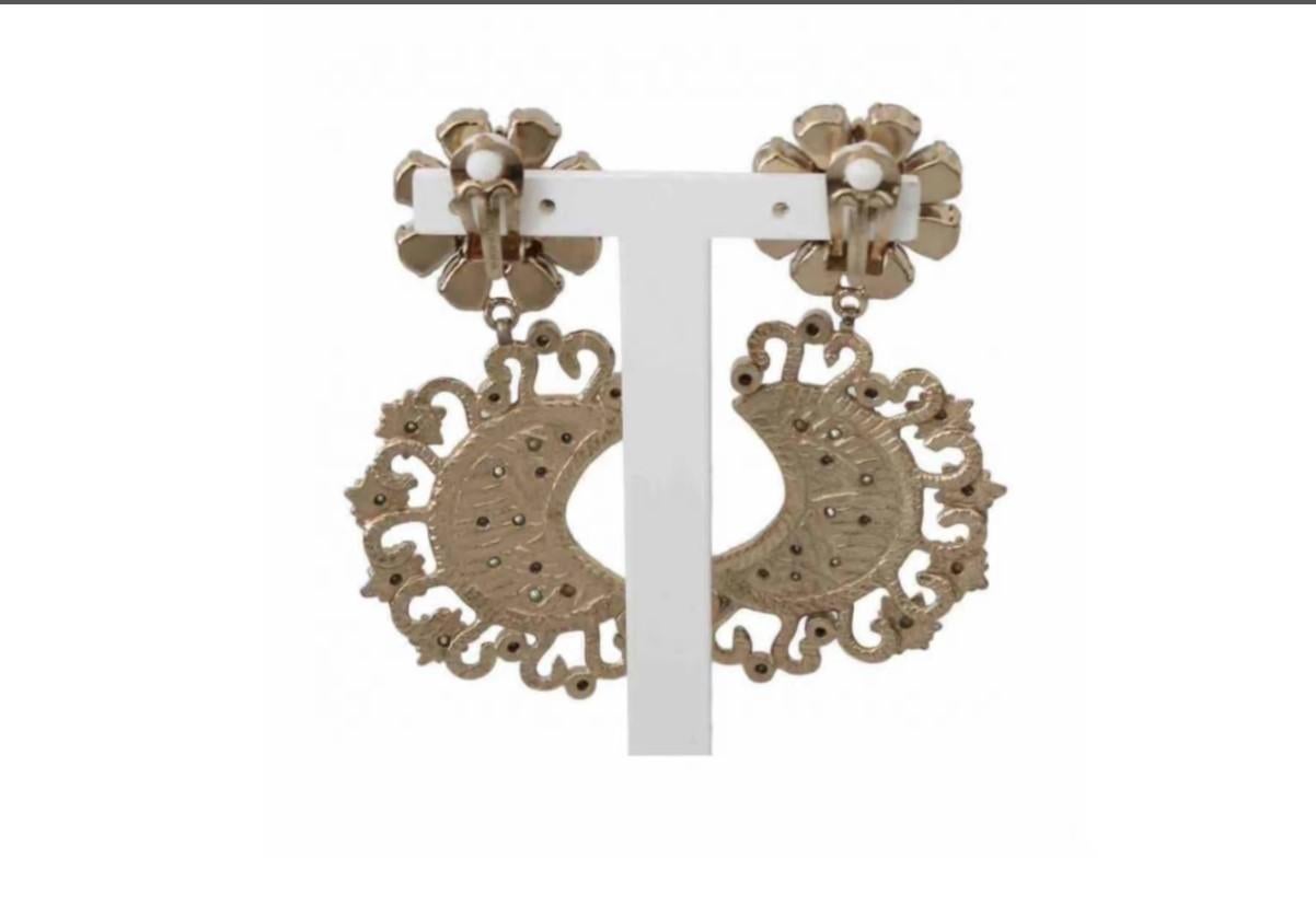 Women's Dolce & Gabbana Gold Blue Crystal Brass Moon Star Clip-on Pendant Drop Earrings