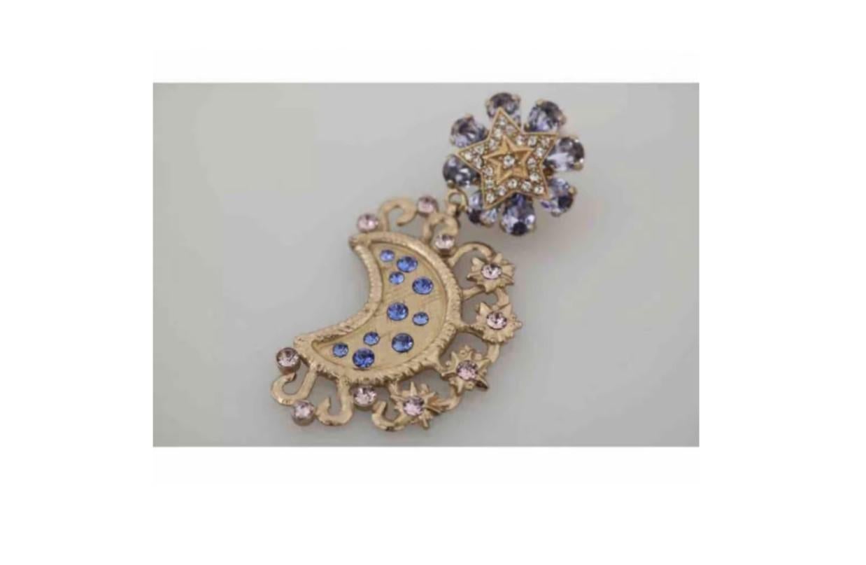 Dolce & Gabbana Gold Blue Crystal Brass Moon Star Clip-on Pendant Drop Earrings 1
