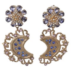 Dolce & Gabbana Gold Blue Crystal Brass Moon Star Clip-on Pendant Drop Earrings
