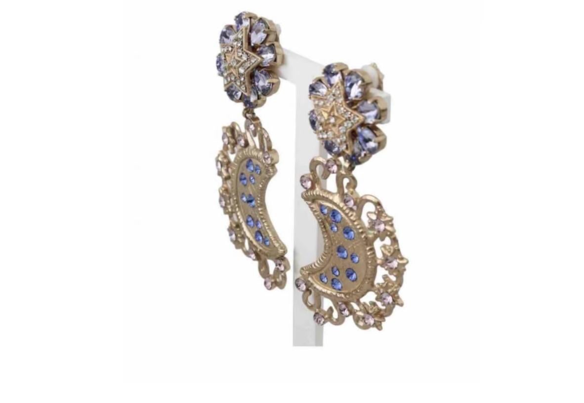 Modern Dolce & Gabbana Gold Blue Crystal Brass Moon Star Clip-on Pendant Earrings