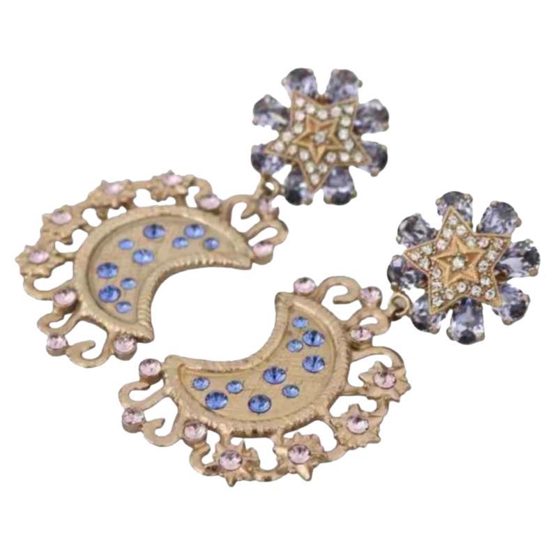 Dolce & Gabbana Gold Blue Crystal Brass Moon Star Clip-on Pendant Earrings