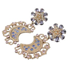 Dolce & Gabbana Gold Blue Crystal Brass Moon Star Clip-on Pendant Earrings