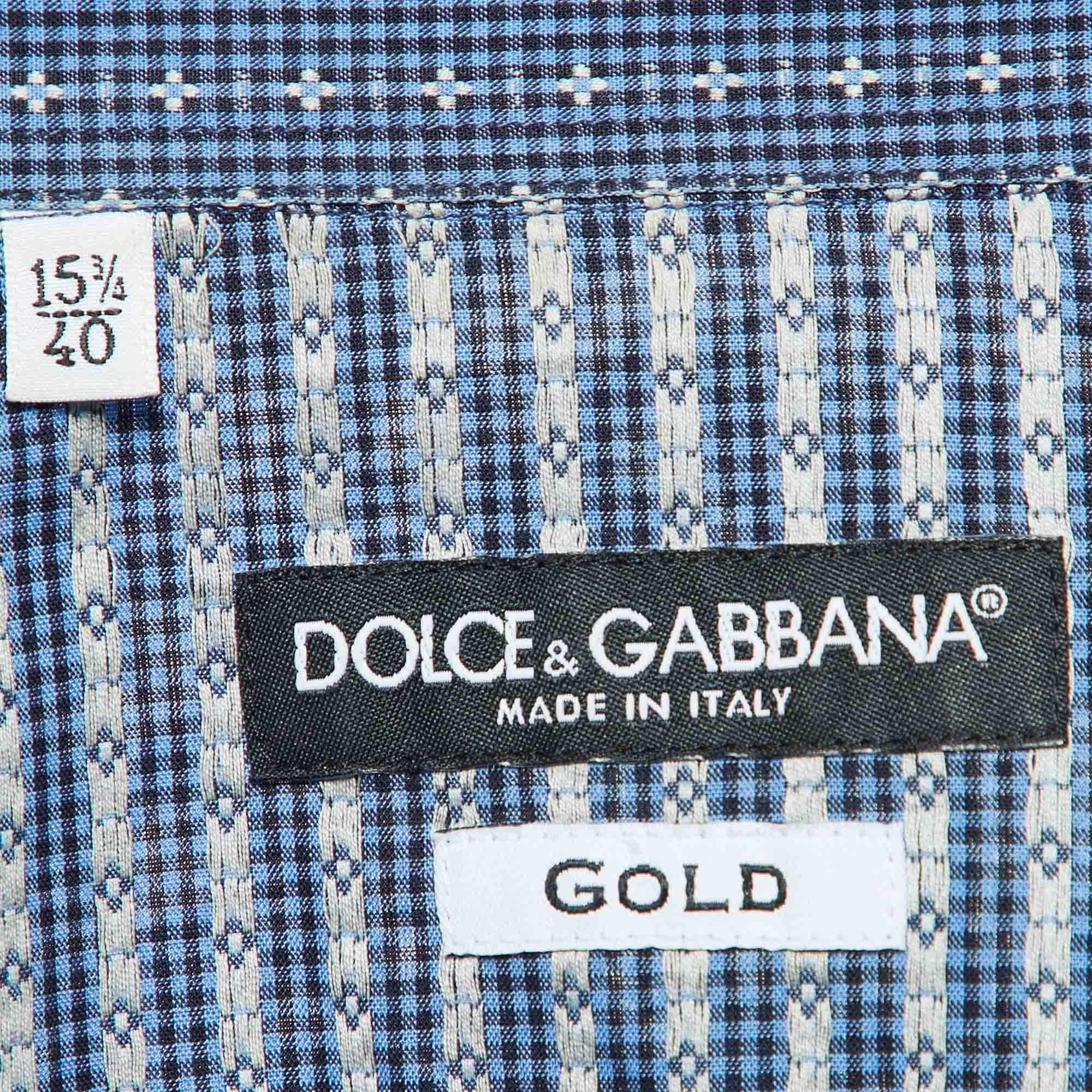 Dolce & Gabbana Gold Blue Patterned Buttoned Up Shirt XS In Good Condition For Sale In Dubai, Al Qouz 2