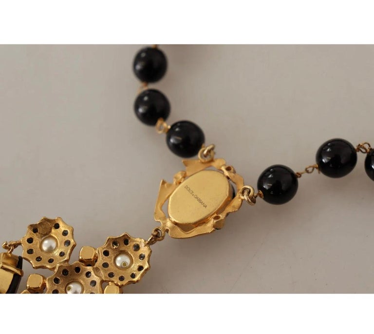 Dolce & Gabbana Gold Brass Floral Crystals Pearl Embellished Necklace