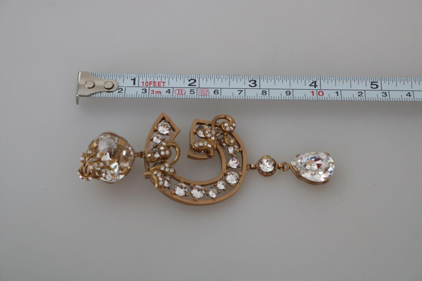 Women's Dolce & Gabbana Gold Brass Clear Crystal DG Clip-on Drop Earrings Logo Metal
