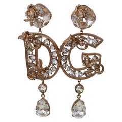 Dolce & Gabbana Gold Brass Clear Crystal DG Clip-on Drop Earrings Logo Metal