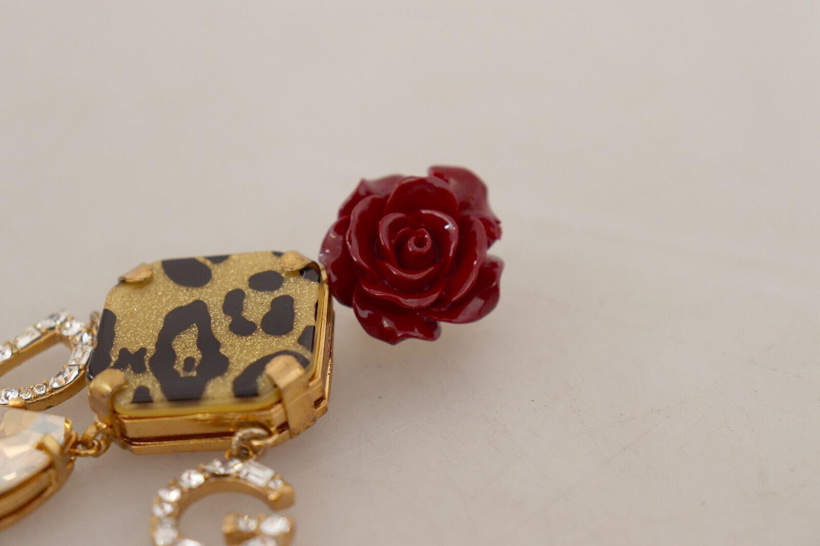 Modern Dolce & Gabbana Gold Brass Crystal Red Roses Leopard Clip-on Dangle Earrings For Sale