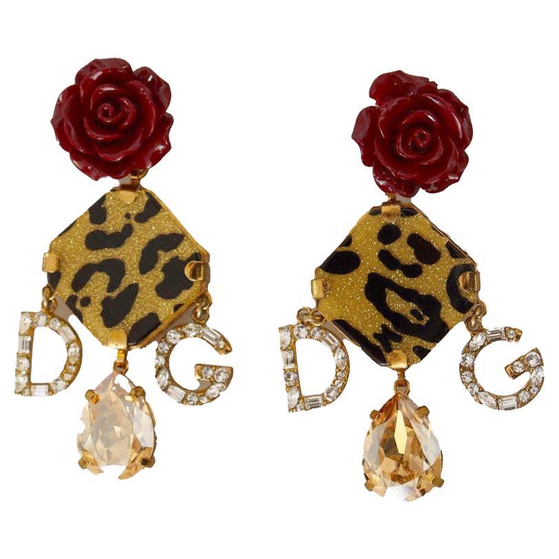 Dolce & Gabbana Gold Brass Crystal Red Roses Leopard Clip-on Dangle Earrings For Sale