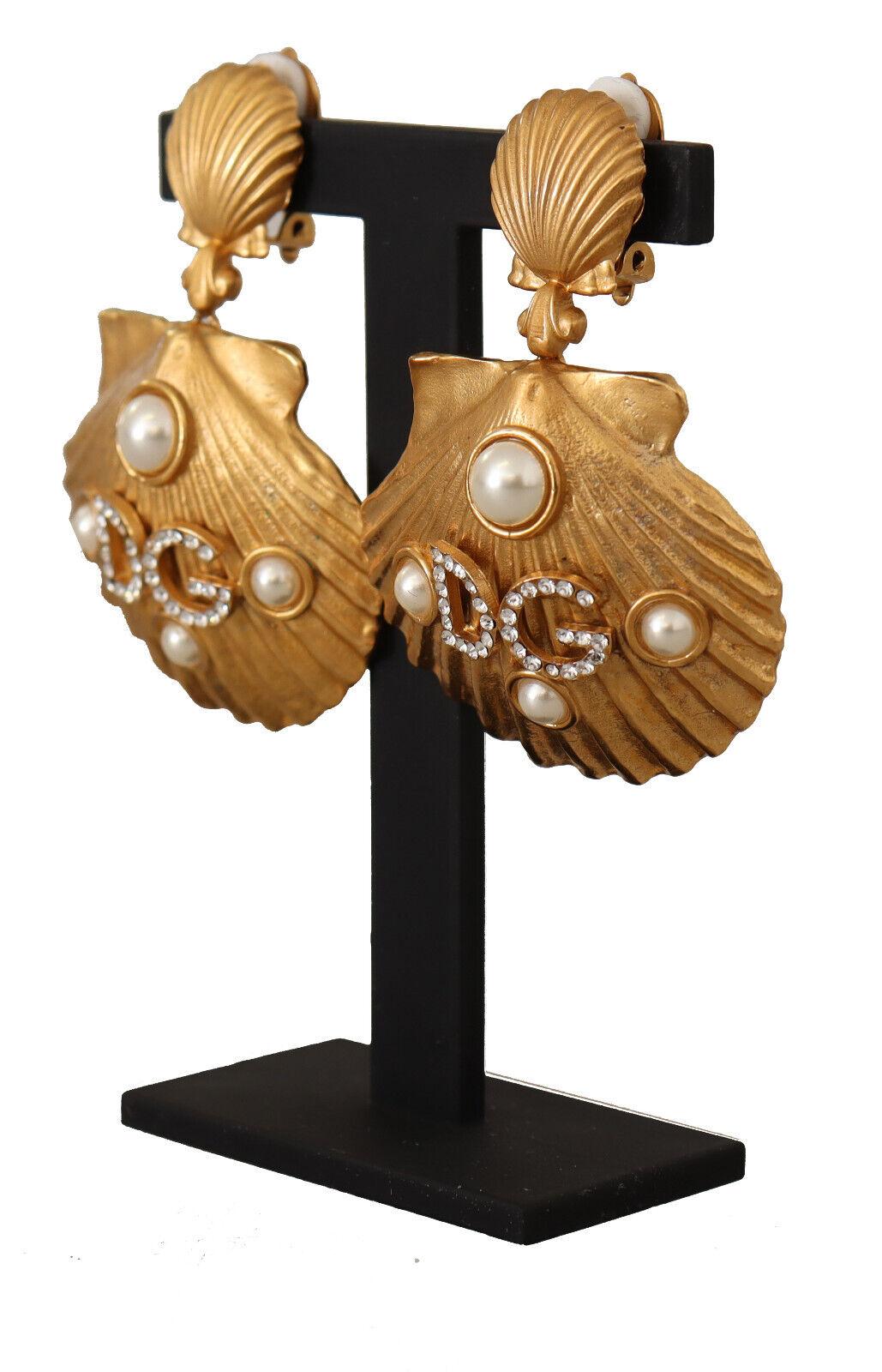 Modern Dolce & Gabbana Gold Brass Crystal Seashell Clip-on Drop Dangle Earrings Sea