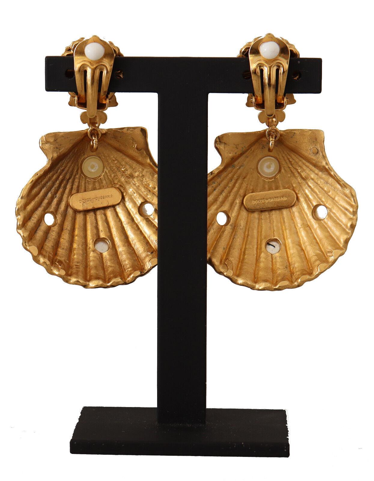 Dolce & Gabbana Gold Brass Crystal Seashell Clip-on Drop Dangle Earrings Sea In New Condition In WELWYN, GB