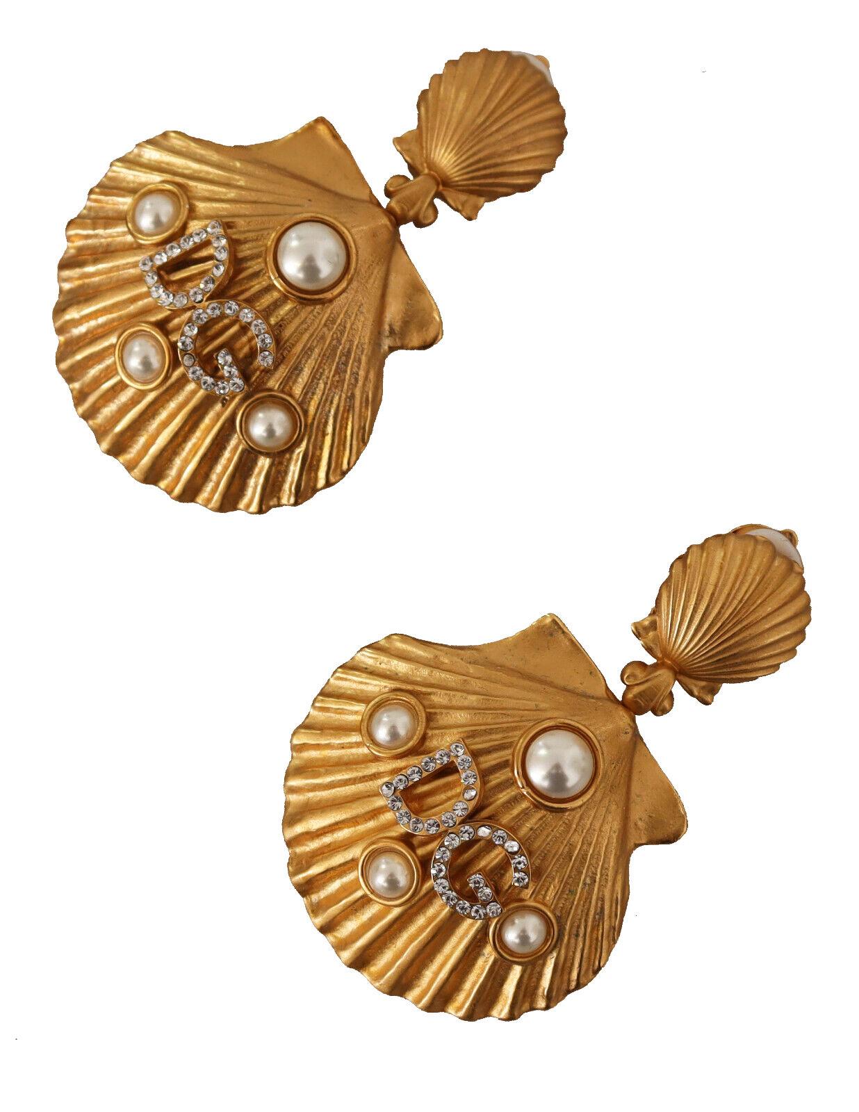 Women's Dolce & Gabbana Gold Brass Crystal Seashell Clip-on Drop Dangle Earrings Sea