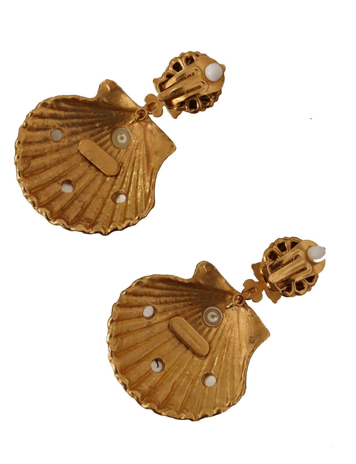 Dolce & Gabbana Gold Brass Crystal Seashell Clip-on Drop Dangle Earrings Sea 1